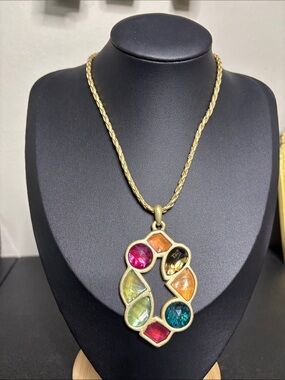 KC Gold Multicolor Gemstone Pendant Leather Braided Necklace - Women Jewelry